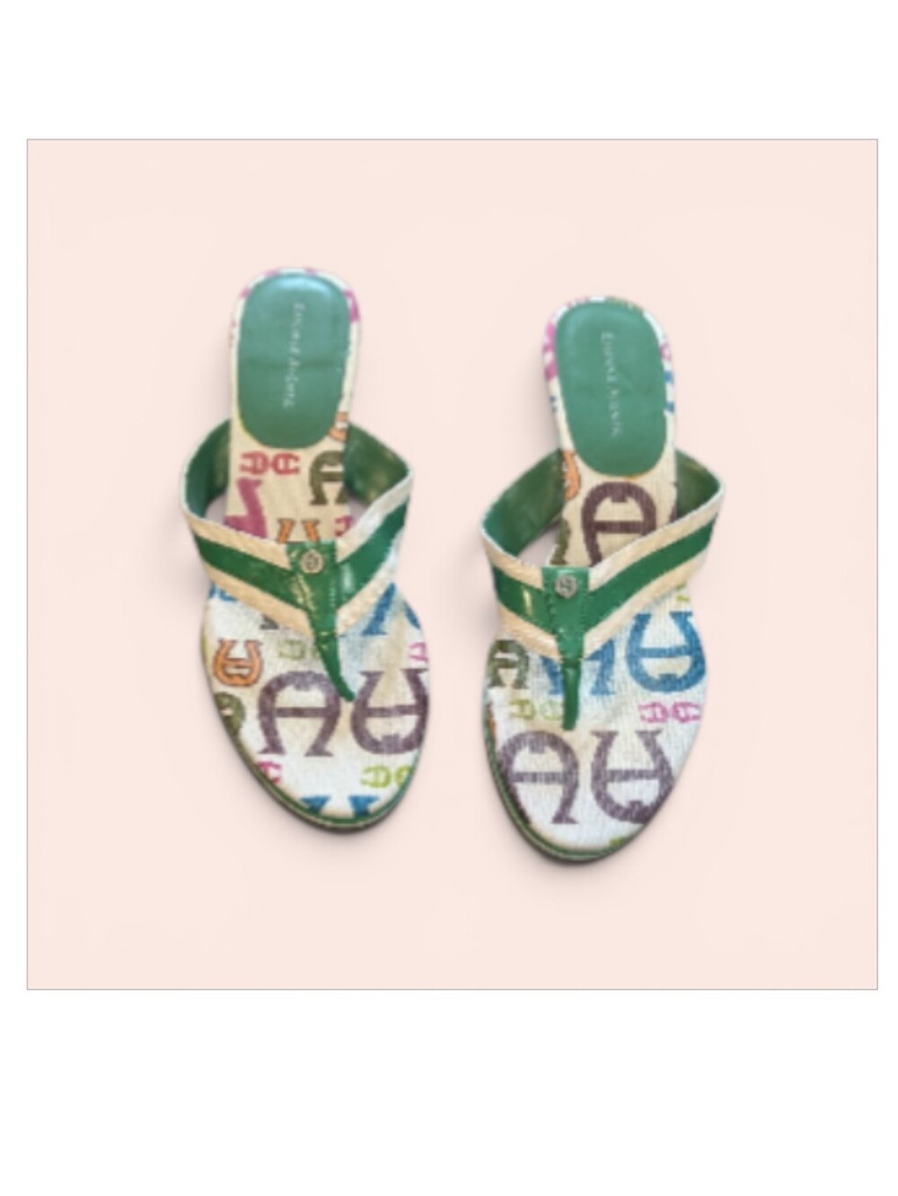 Etienne Aigner Green Multicolor Logo-Print Women's Thong Sandals